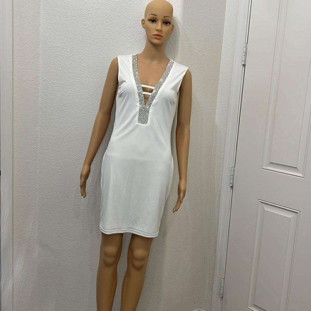 Shop 17 Dress White Silver Sparkle V Neck Backless Sleeveless Mini Lined Sexy